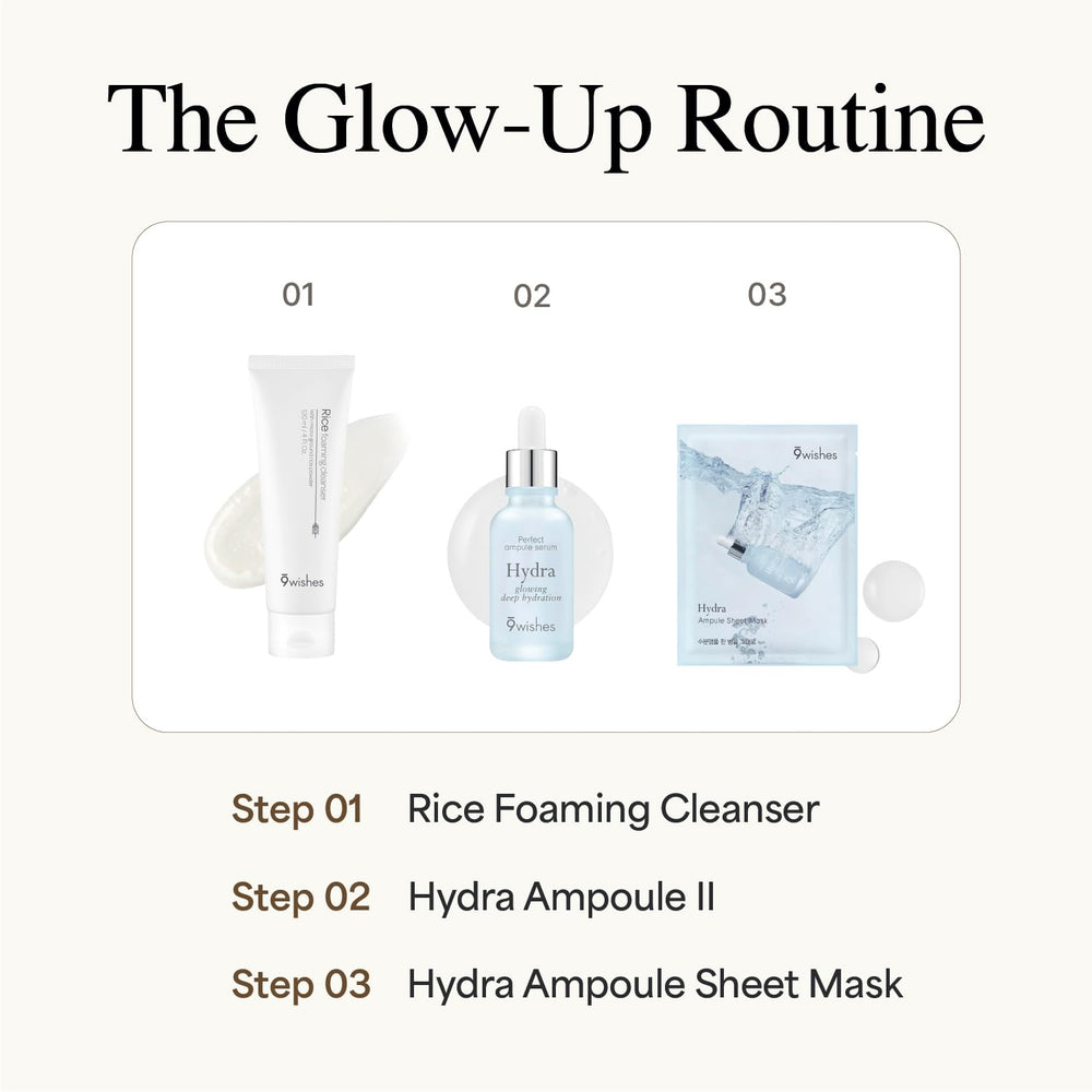 Product shot suggesting radiant skin after using 9 wishes Rice Foaming Cleanser