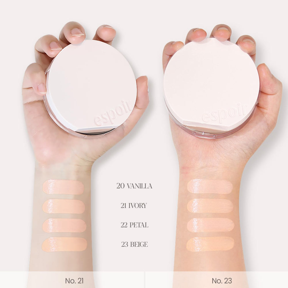 Espoir Be Glow Volume Cushion Petal compact open for travel-friendly use.