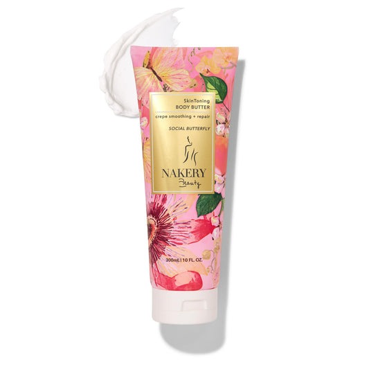 Nakery body butter anti-aging cream packaging promotes firmer, smoother skin.