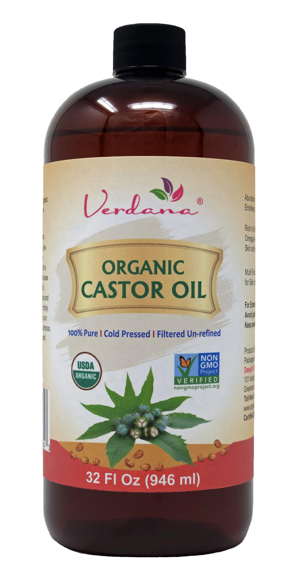 Verdana Organic Castor Oil bottle closeup highlights pure cold-pressed formula for hair care.