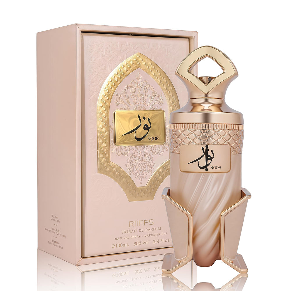 A CENTER Noor bottle with caramel swirls adds dessert-inspired luxury to evening wear.
