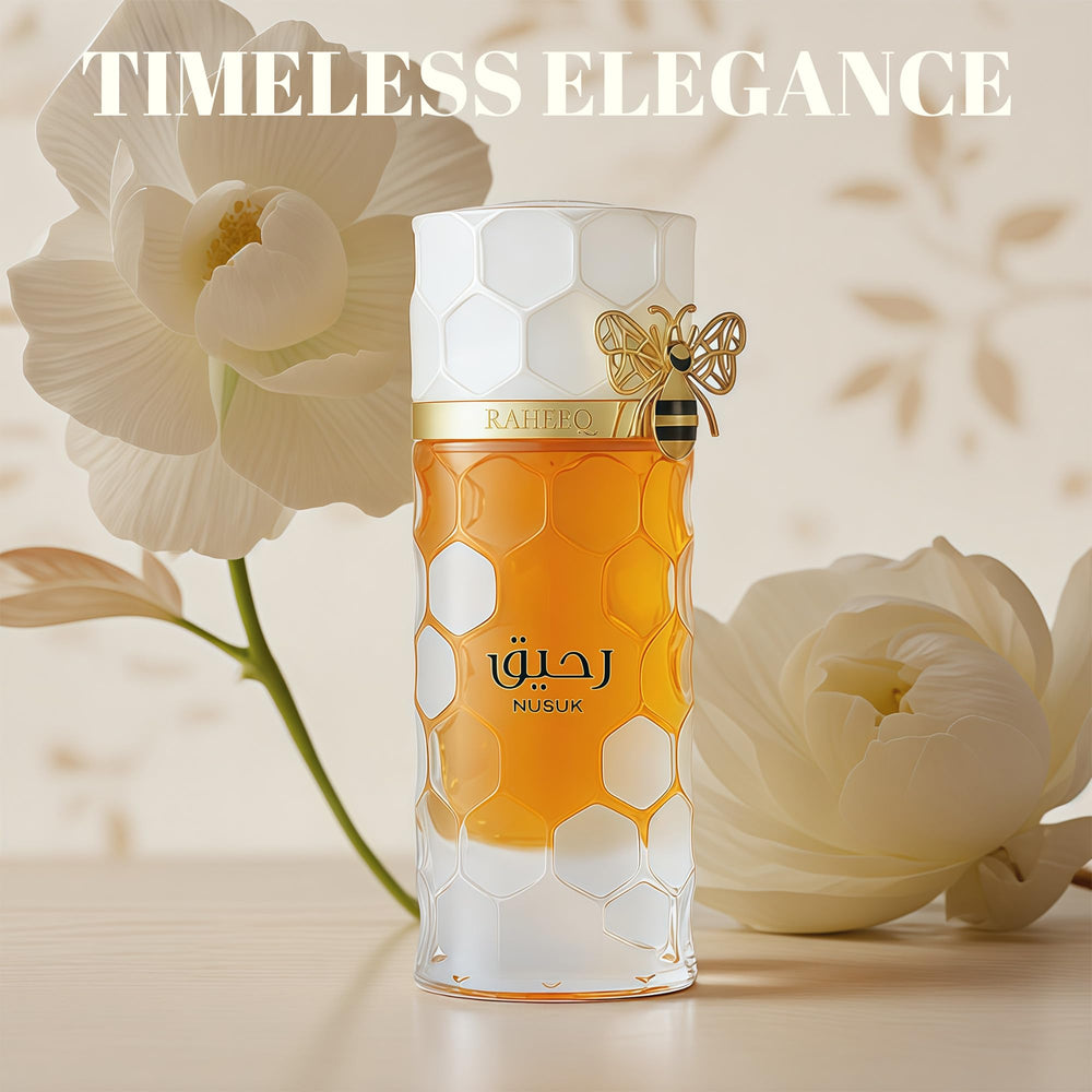 A CENTER Raheeq bottle close-up showcases sleek luxury and a spill-safe design.