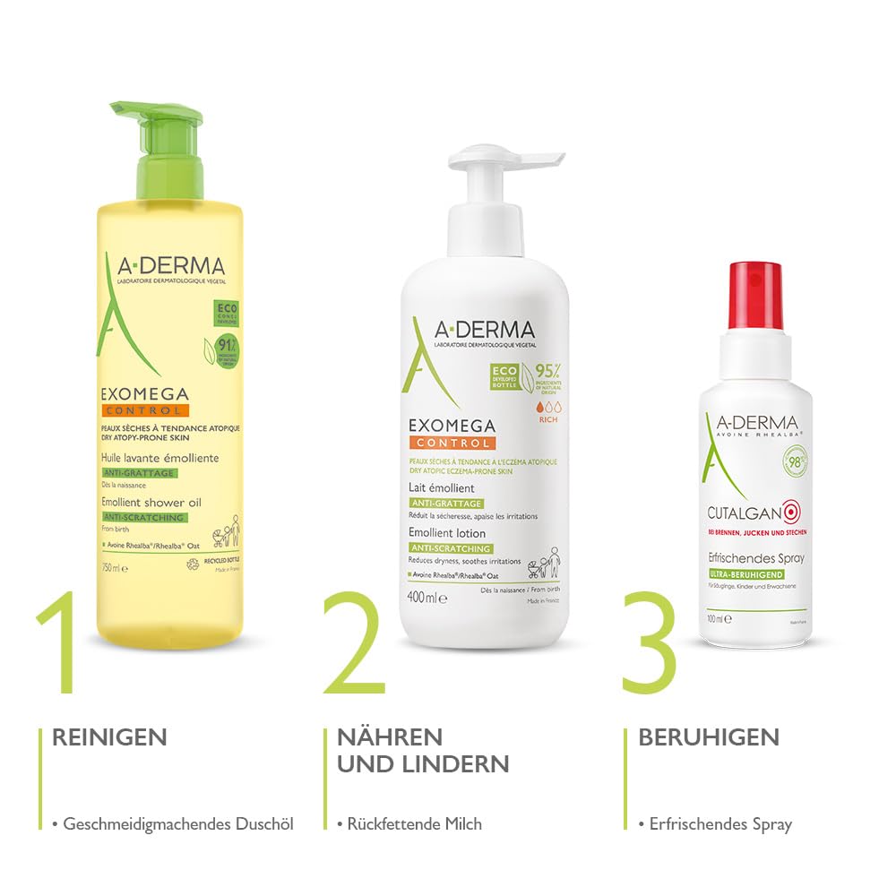 Label on A-Derma Exomega Control Milk shows EU 36 compliance.