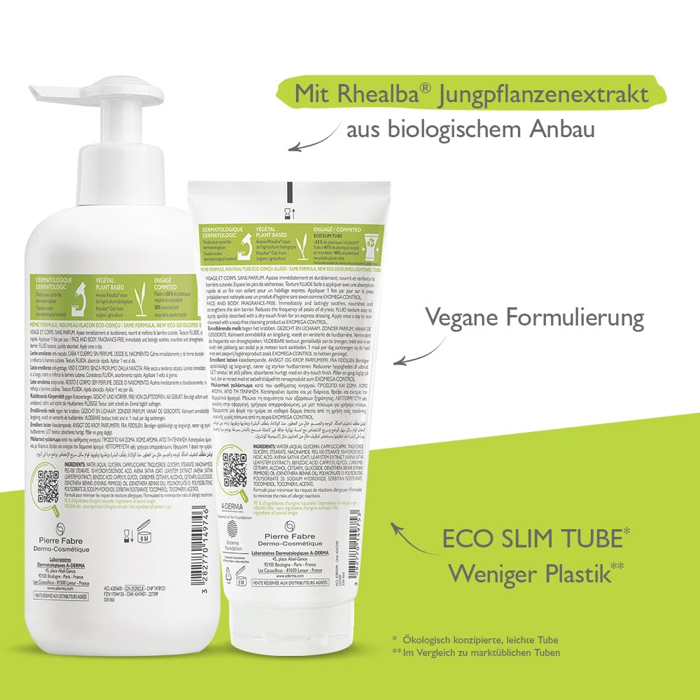 A-Derma Exomega Control Milk 200 ml packaging on shelf for daily use.