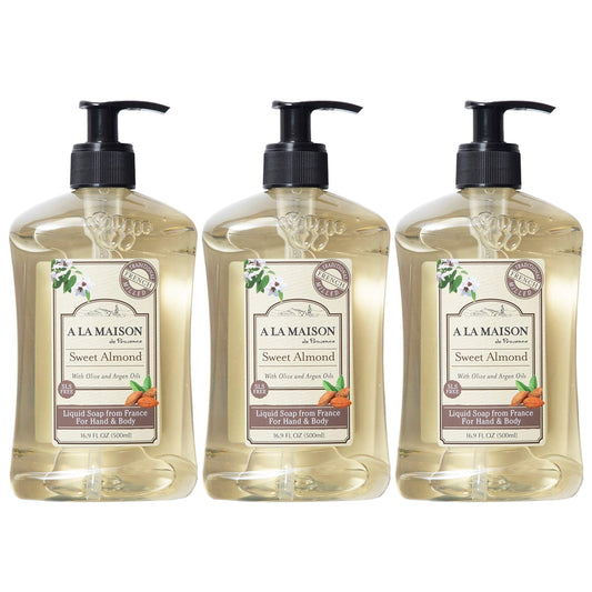 A LA MAISON almond hand soap bottle showing premium French formulation for daily care