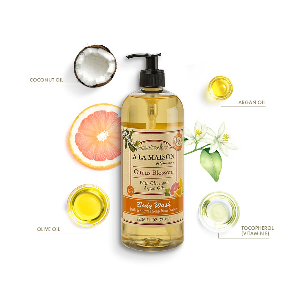 A LA MAISON Citrus Blossom pump top dispenses creamy lather, gentle on skin.
