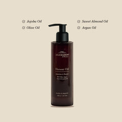 A LA MAISON Jasmine & Santal pour action highlights bottle-focused oil-to-lather transition.