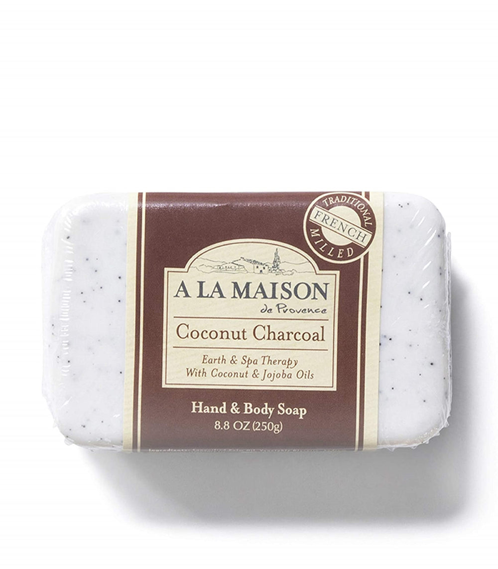 A LA MAISON Coconut Charcoal Bar Soap delivers creamy lather on skin.