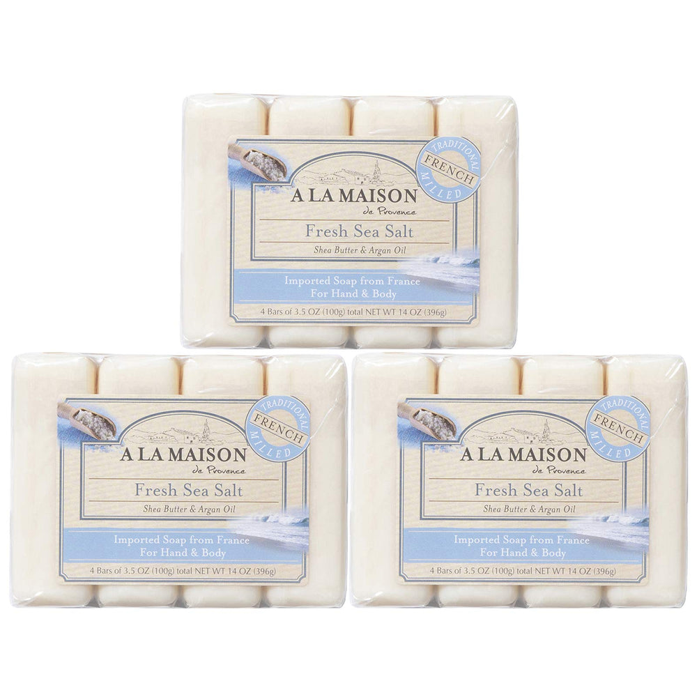 A LA MAISON Fresh Sea Salt soap packaging close-up, eco-friendly branding for daily use.