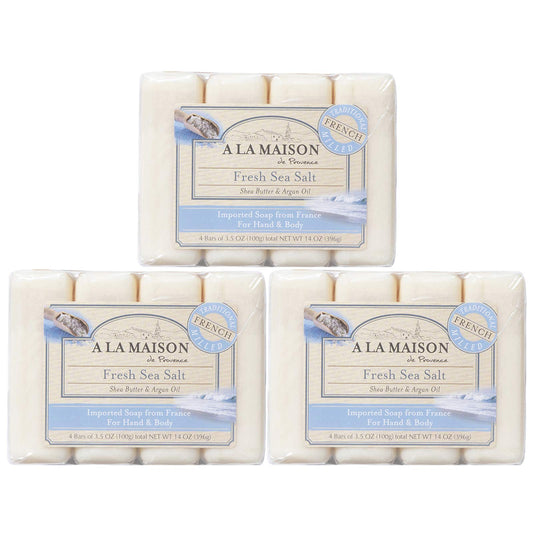 A LA MAISON Fresh Sea Salt soap packaging close-up, eco-friendly branding for daily use.