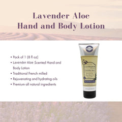 A LA MAISON Lavender Aloe Body Lotion label shows natural ingredients and soothing scent.