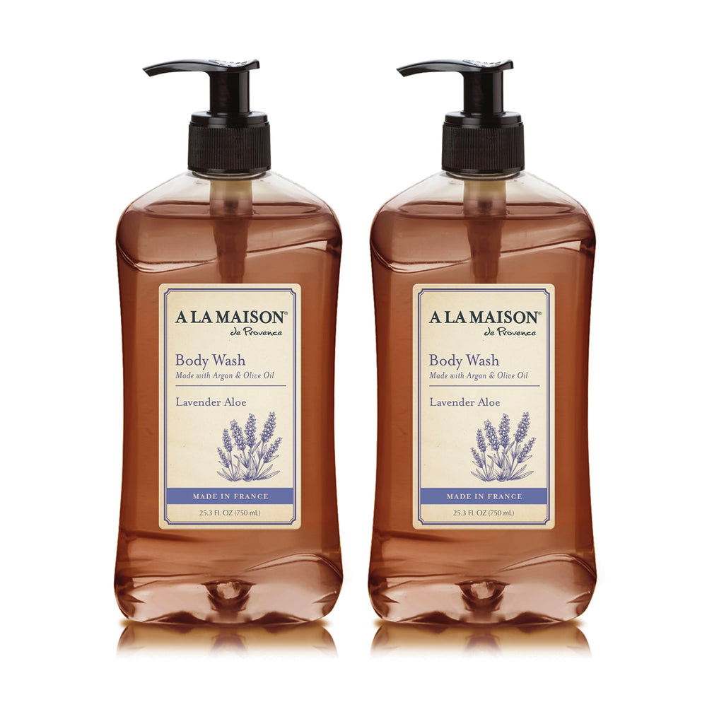 A La Maison Lavender Aloe Body Wash bottle front view, delivers a refreshing, gentle cleanse.