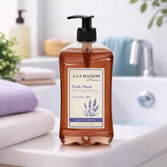 A La Maison Lavender Aloe Body Wash ingredients highlight natural plant oils and Vitamin E.