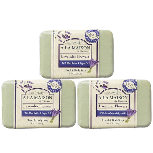 A LA MAISON Lavender Flower Bar Soap pack showing three milled bars for long lasting cleansing