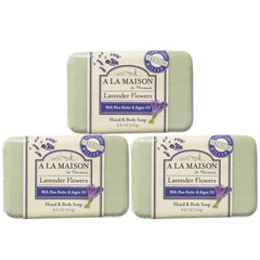 A LA MAISON Lavender Flower Bar Soap pack showing three milled bars for long lasting cleansing