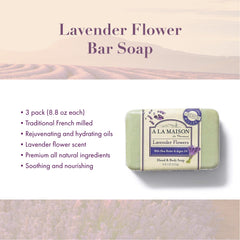 A LA MAISON Lavender Flower Bar Soap in use under running water with creamy lather rinse