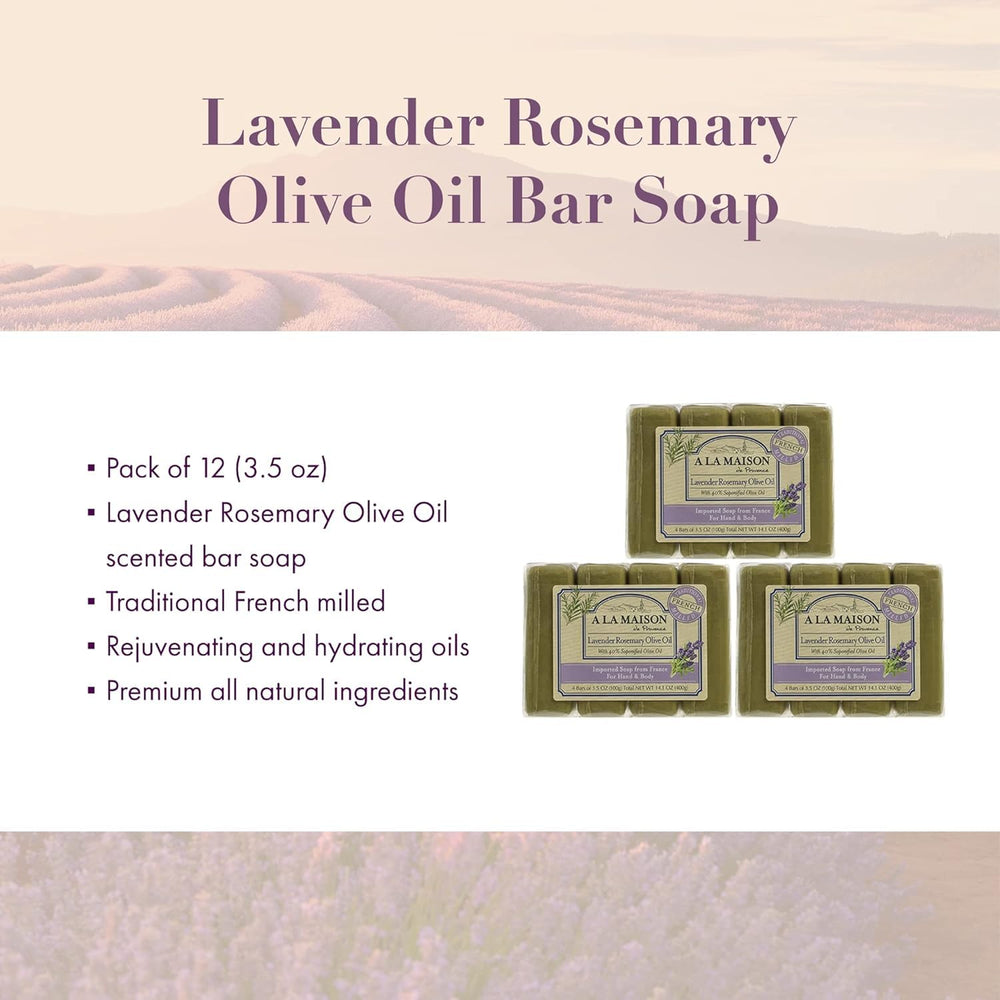 A LA MAISON Lavender Rosemary Olive Oil Bar Soap close-up reveals a dense, creamy lather.