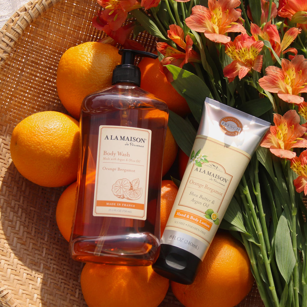 A LA MAISON Orange Bergamot Body Wash ingredients close-up with citrus notes