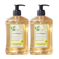 A La Maison Provence Lemon Hand Soap bottle with nourishing, non-drying lather.