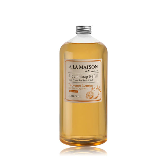 A LA MAISON Provence Lemon refill bottle shown on sink, eco-friendly hand care option.