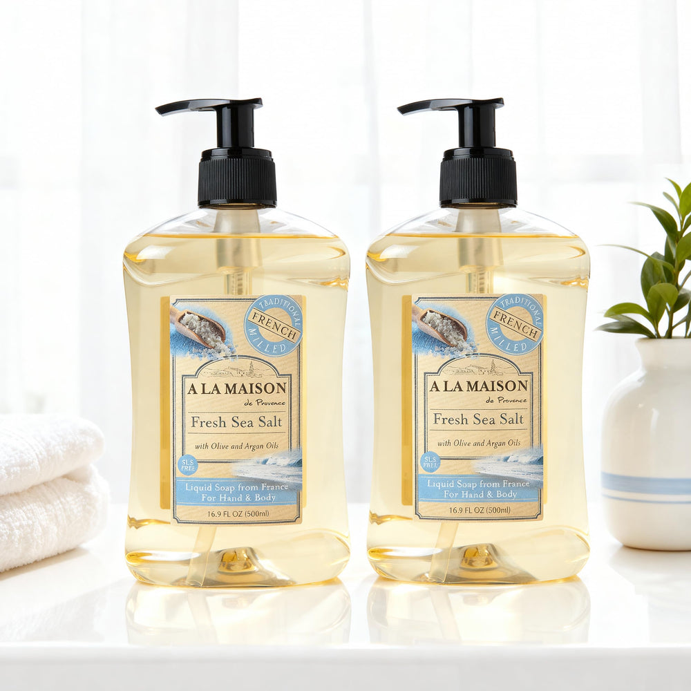 A LA MAISON Provence sea salt soap pour demonstrates a soothing wash.