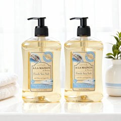 A LA MAISON Provence sea salt soap pour demonstrates a soothing wash.
