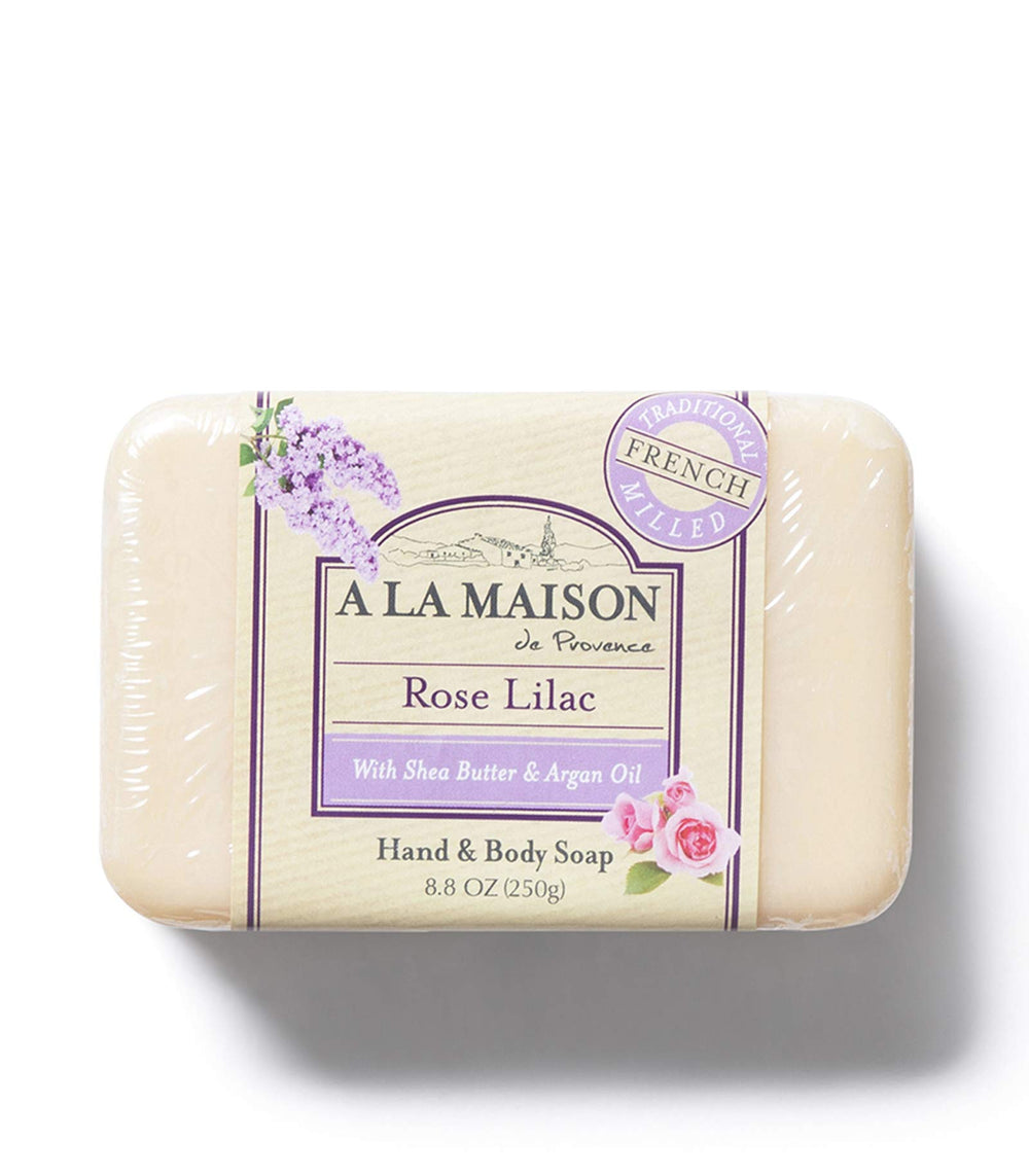 A La Maison Rose Lilac soap in craftsmanship visual, highlighting authentic triple milled quality.