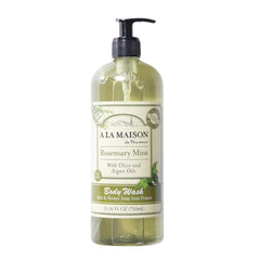 A LA MAISON Rosemary Mint Body Wash bottle pour shows a nourishing, rich lather.