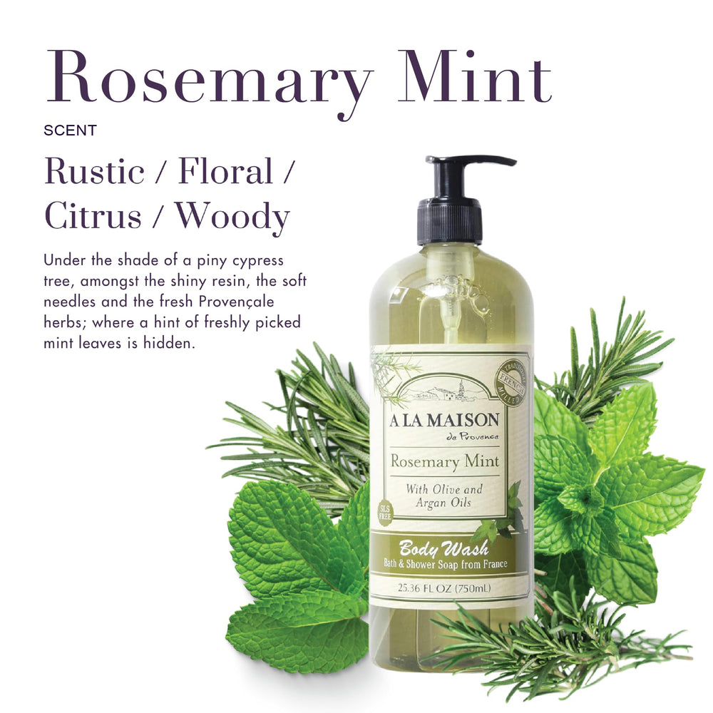 A LA MAISON Rosemary Mint Body Wash lather close-up emphasizes gentle, plant-based cleansing.
