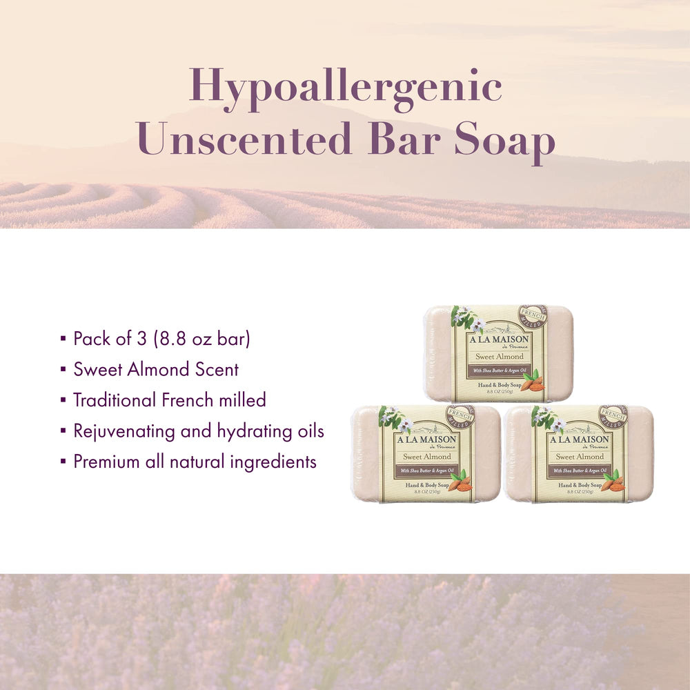 A LA MAISON sweet-almond-bar-soap unwrapped on counter, creamy lather ready.