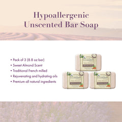 A LA MAISON sweet-almond-bar-soap unwrapped on counter, creamy lather ready.