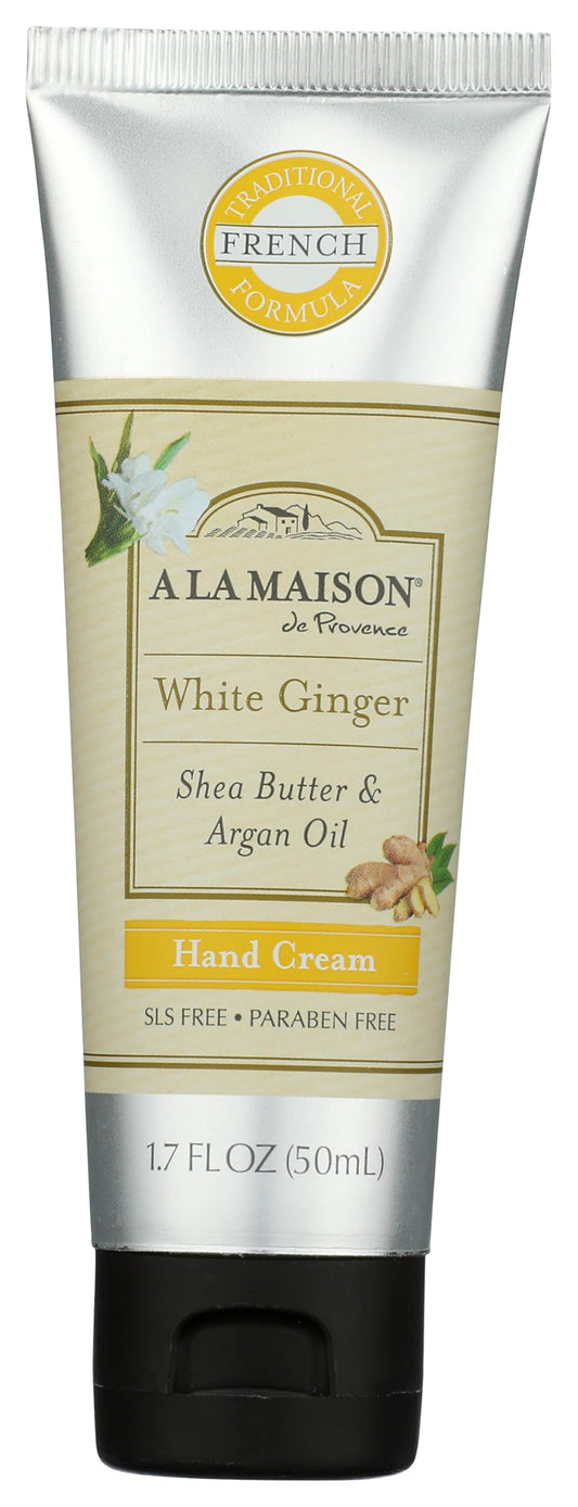 A LA MAISON White Ginger Hand Cream bottle front showing elegant packaging and hydration promise.
