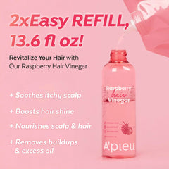 Dandruff-control emphasis with Raspberry Hair Vinegar bottle and scalp-friendly design.