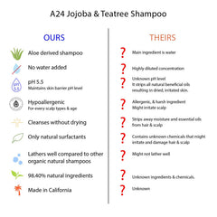 A24 shampoo label closeup highlighting aloe vera base and organic ingredients