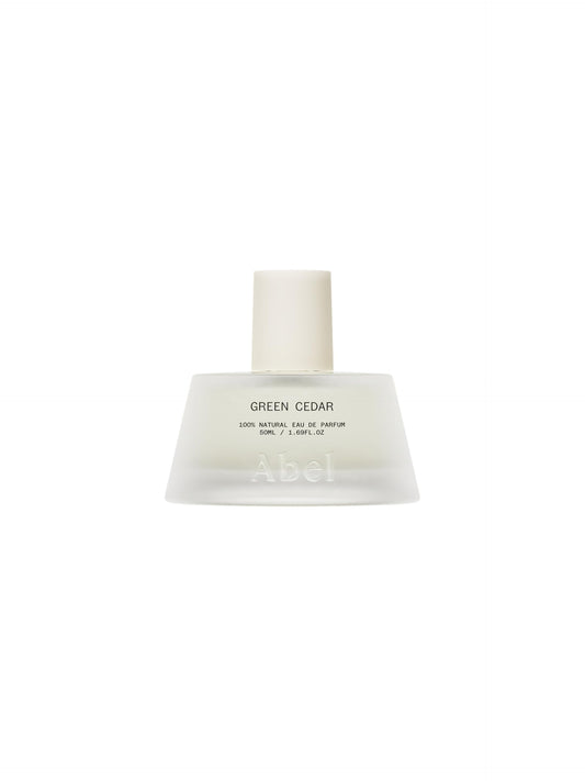 ABEL Green Cedar EDP bottle on a clean surface, natural, long-lasting fragrance.