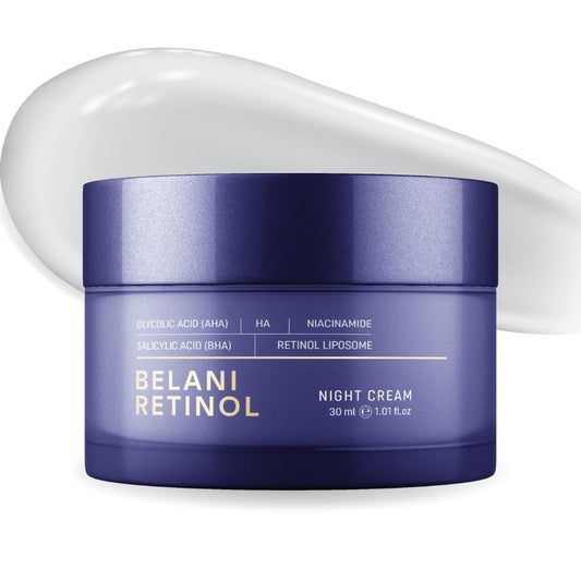 ABERA Belani night cream bottle highlights retinol-infused formula for nighttime skin nourishment.