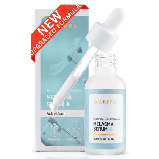 Abera Melasma Serum bottle with pump targets dark spots for even skin tone.