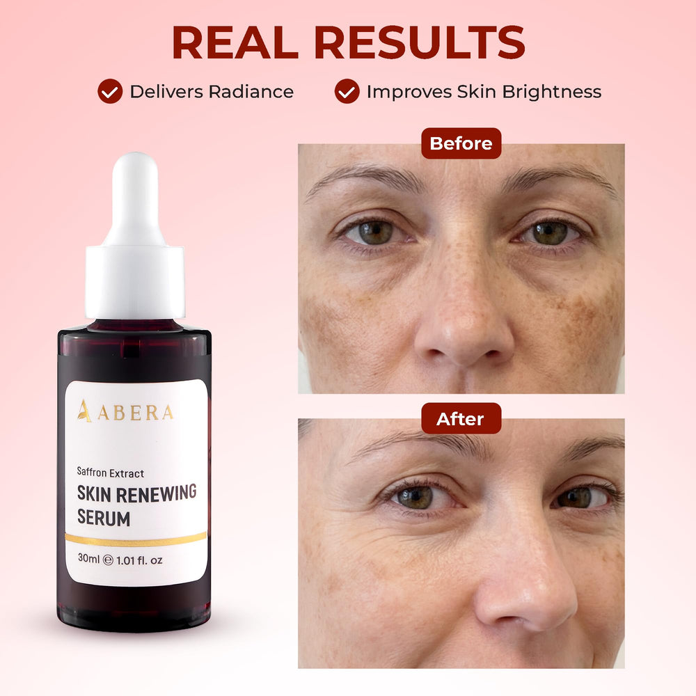 ABERA Renewing Saffron Serum packaging box on clean vanity.