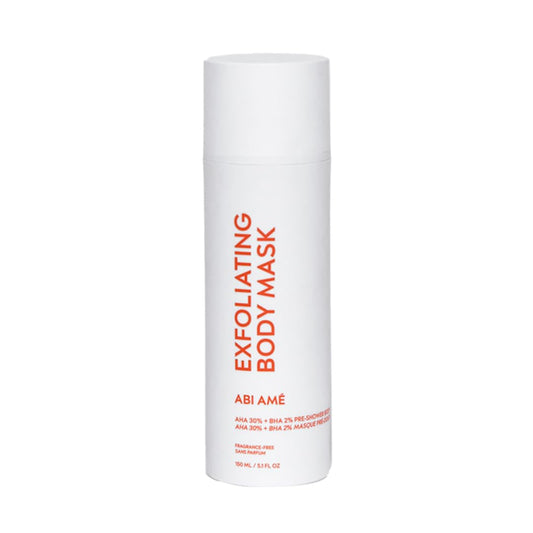 ABI AME chemical body exfoliator bottle pour showing active acids for smoother skin