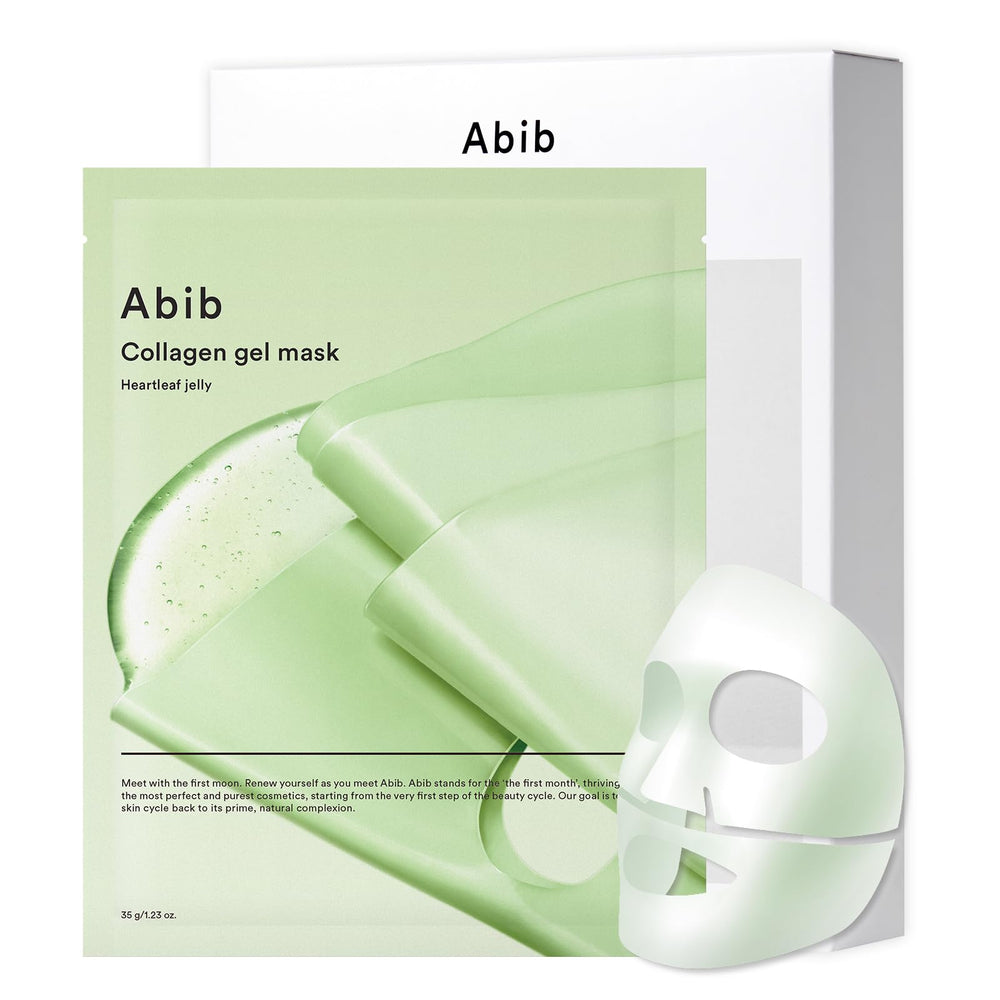 Abib collagen gel mask heartleaf jelly packaging highlighting vegan formula for soothing routines