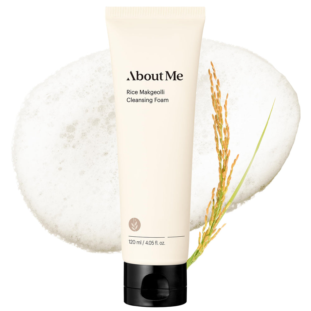 About Me Rice Makgeolli Cleansing Foam cap close-up, gentle pH-balanced cleansing for sensitive skin.