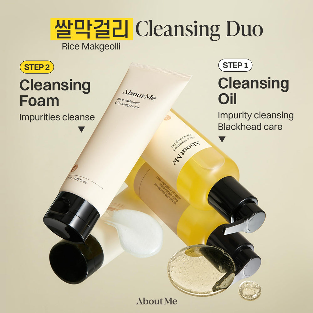 About Me Rice Makgeolli Cleansing Foam cap-to-foam sequence visual.