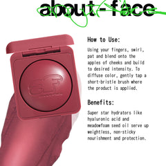 about-face Cheek Freak Blush Balm close-up highlighting hyaluronic acid for hydration