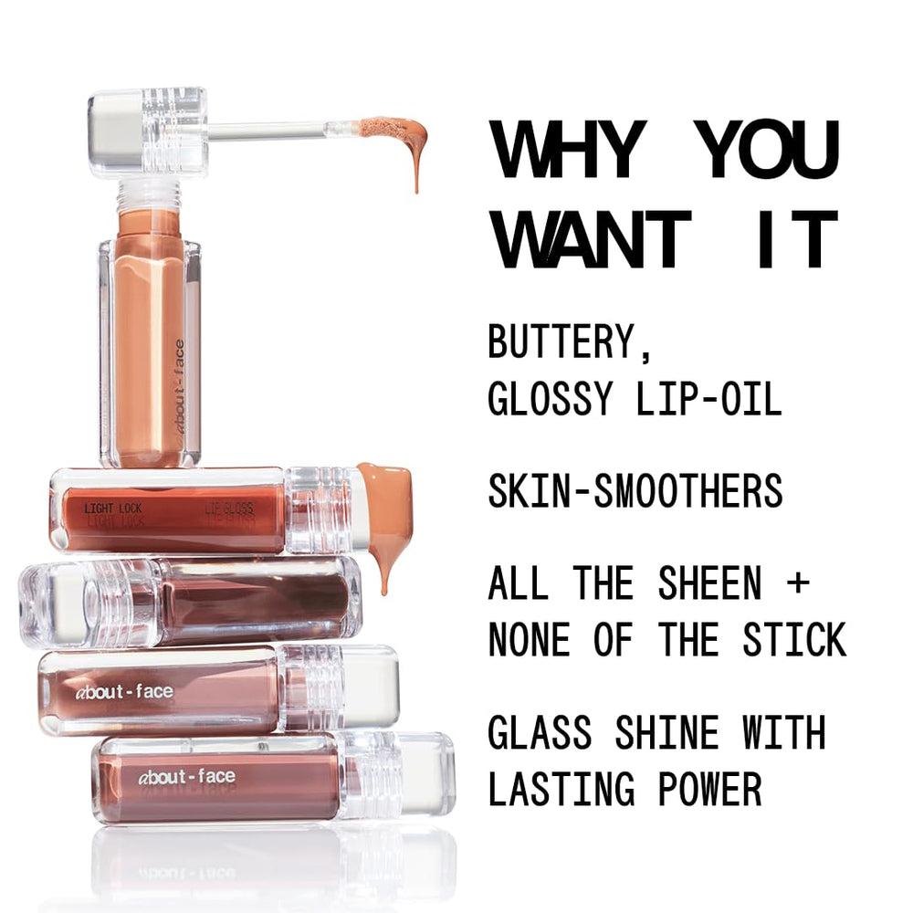 about-face Light Lock Lip Gloss Adore Me close-up reveals mirror-like shine detail.
