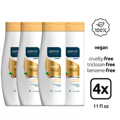ABOVE Moisture Shampoo bottle back label notes vegan, cruelty-free formula.