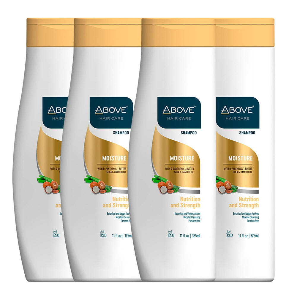 ABOVE Moisture Shampoo bottle front emphasizes hydration for shine and softness.