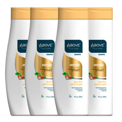 ABOVE Moisture Shampoo bottle front emphasizes hydration for shine and softness.