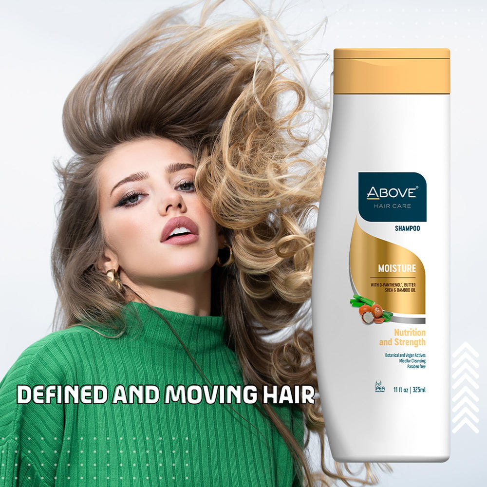 ABOVE Moisture Shampoo on hair shows frizz control and smoother texture.