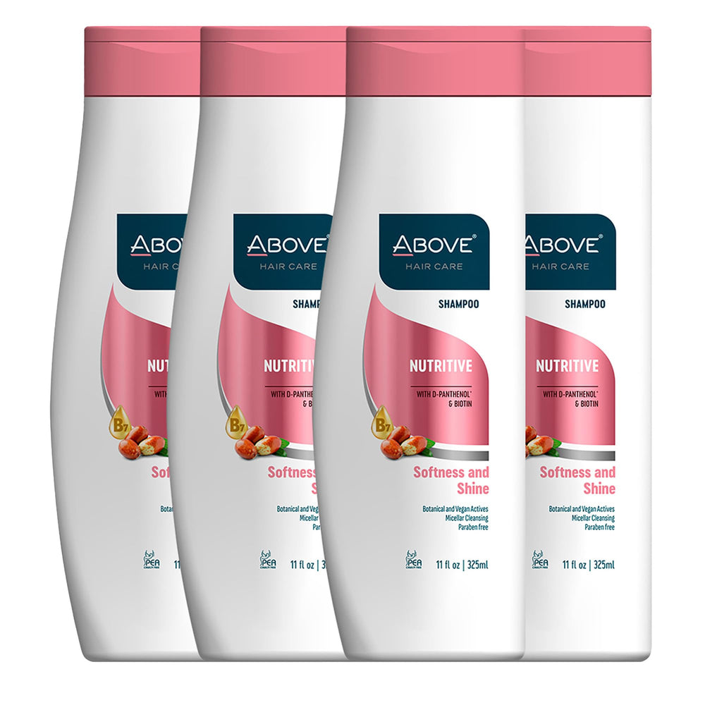 ABOVE Nutritive Shampoo bottle pour demonstrates easy application and nourishment.
