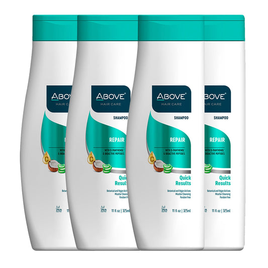 Above Repair Shampoo 4pcs pack displays vegan, benzene-free formula for healthier hair.